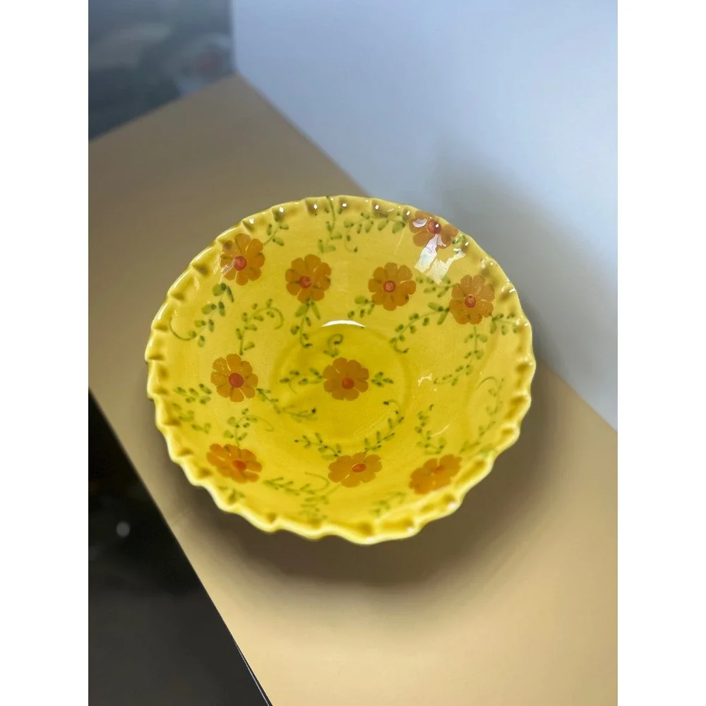 Sur La‎ Table Yellow Floral Ceramic Serving Bowl Scalloped Rim Made in Italy